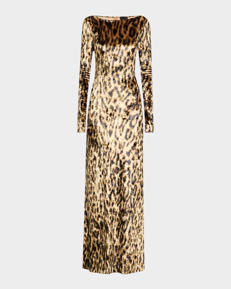 Leopard-Print Velvet Long-Sleeve Gown